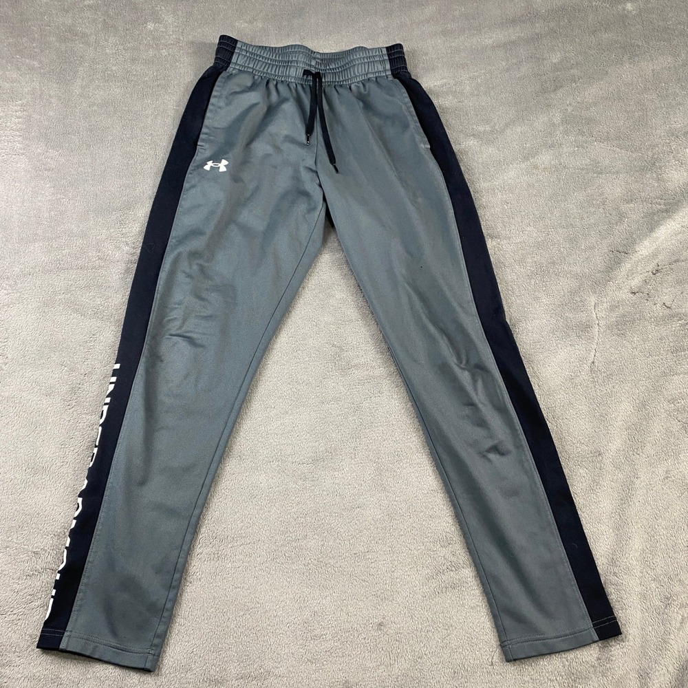 Under Armour Track Pants Brawler Youth Boys S Gray Black Logo Athletic Loose Fit